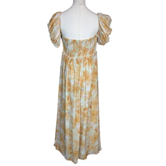 NWT ASTR XL The Label Orange Tropical Maxi Dress Puff Sleeves & Tie Front - Picture 11 of 16